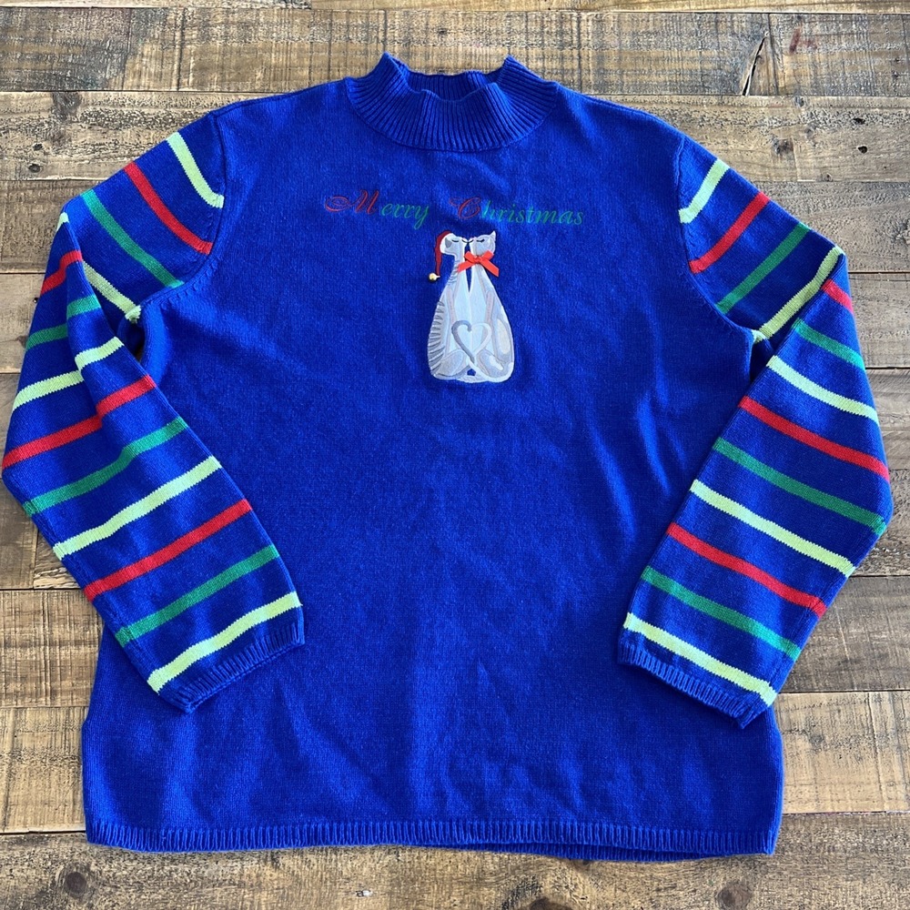Merry & Bright Kissing Kittens Christmas Knit Sweater Petite Large Blue Cats